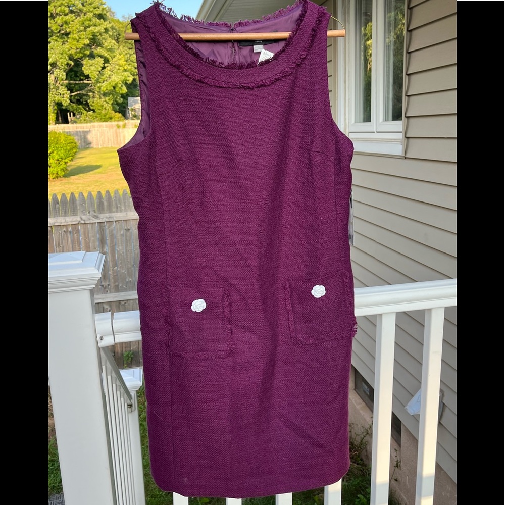 NWT Karl Lagerfeld Purple Tweed Shift Dress w/Faux Pearl Floral Buttons, sz 14